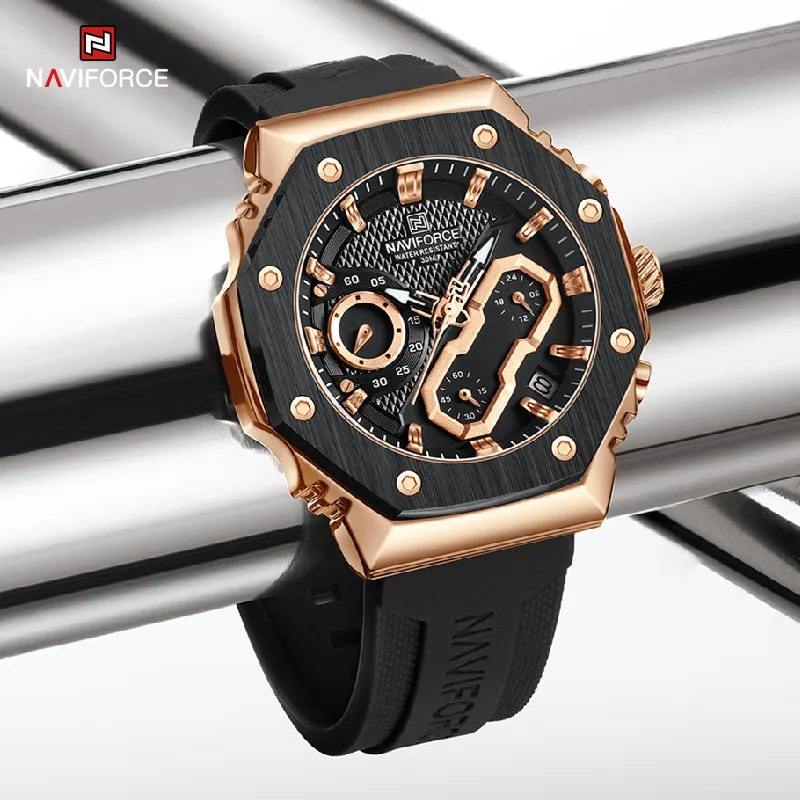 Naviforce 2024นาฬิกาผู้ชายใหม่, นาฬิกาสปอร์ตสายซิลิโคนโครโนกราฟทหารนาฬิกาข้อมือควอตซ์3ATM กันน้ำนาฬิกาคุณภาพสูง