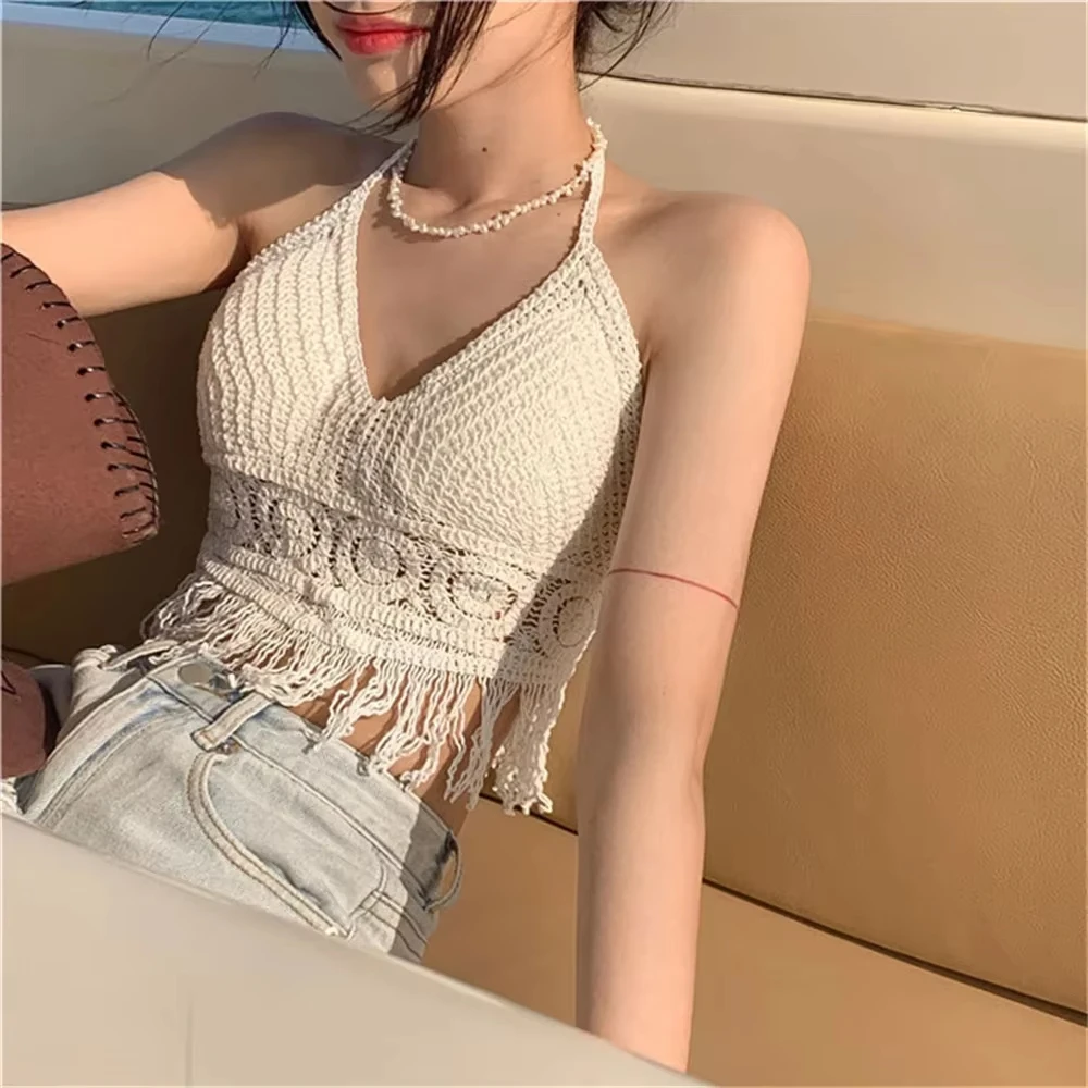 Ropa interior bohemia con flecos y espalda descubierta para mujer, ropa interior con cuello Halter y lazo, chaleco con tirantes y borlas bordadas, camiseta sin mangas corta