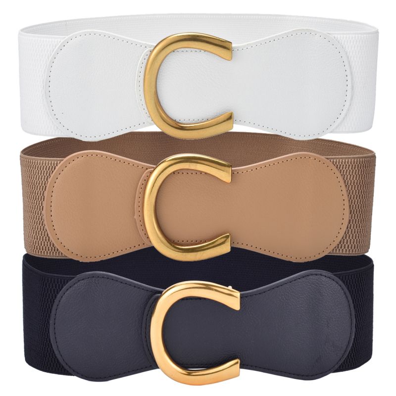 Cinturón elástico ancho para mujer, cinturón elástico para vestido, talla grande con hebilla grande dorada