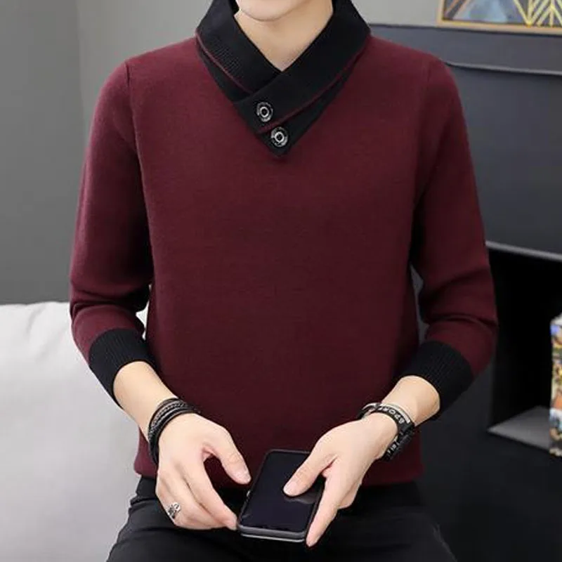 2023ฤดูใบไม้ร่วงฤดูหนาวผู้ชายเสื้อคอเต่าแขนยาวหนาเสื้อกันหนาวเกาหลีสีทึบSplicedถักPulloversชายเสื้อผ้า