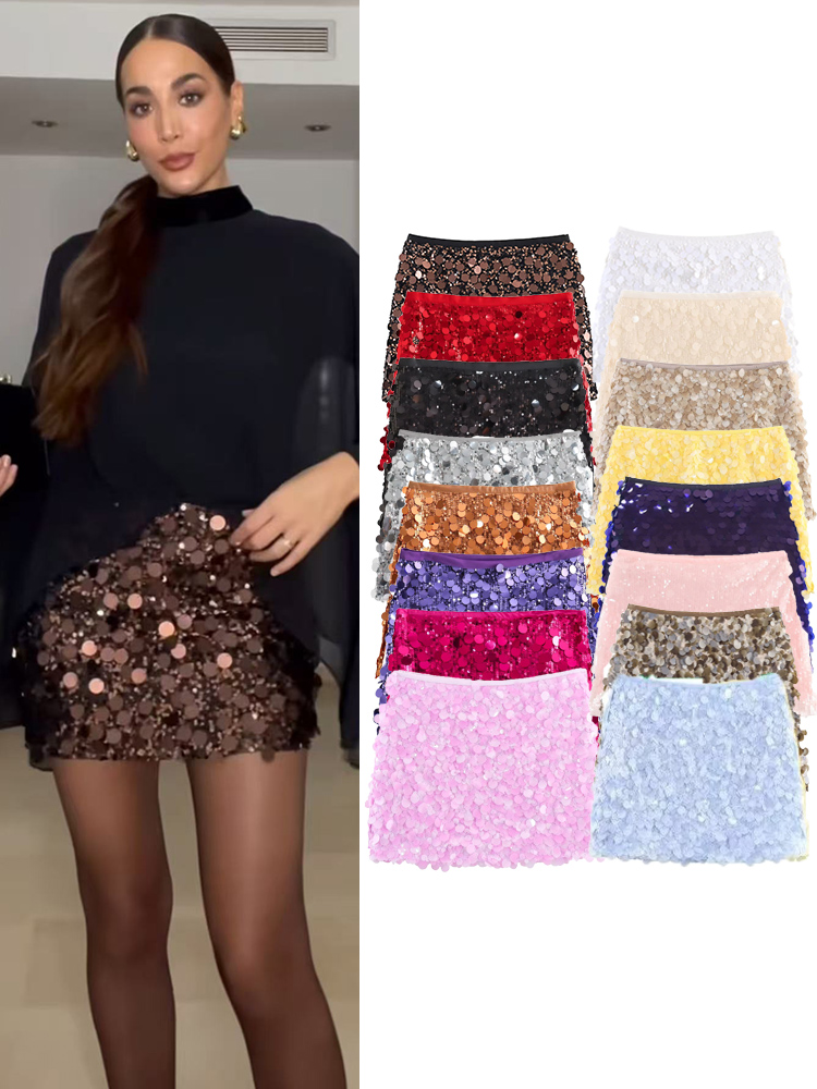  TFMLN New Women Fashion Sequined Mini Skirts Solid Color Side Zipper Vintage High Waist Ladies Chic Casual Street Skirts
