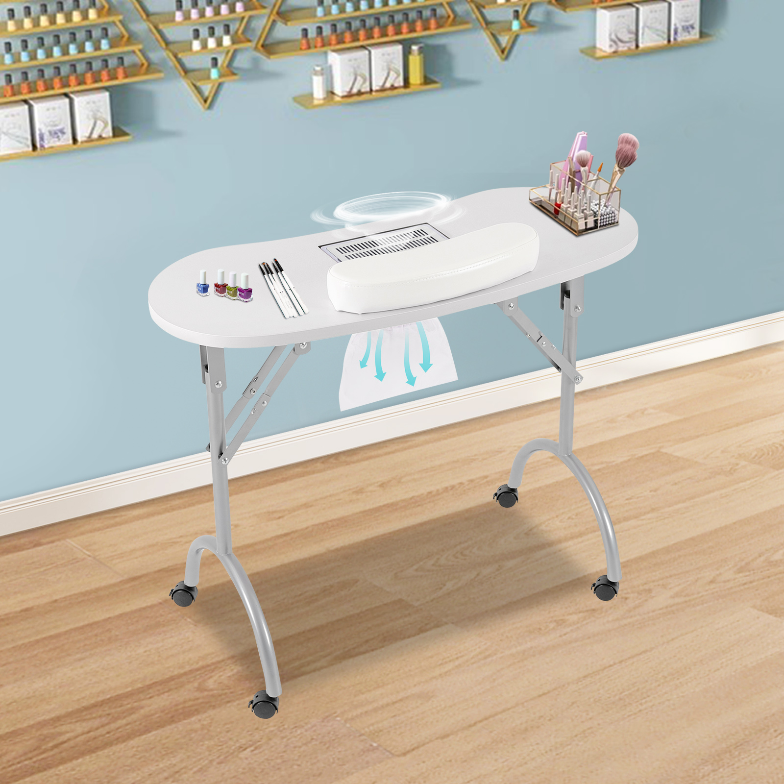 Mesa de unhas dobrável com rodas multifuncional mesa de manicure portátil, mesa de MDF para famílias, salões de unhas