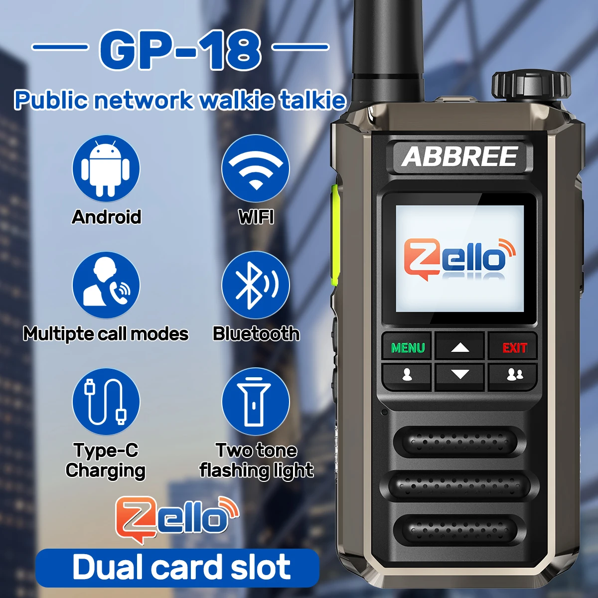 ABBREE GP-18 2G/3G/4G Zello Walkie Talkie Dual Sim Karte Slots Global POC Android Bluetooth WIFI Unbegrenzte Distanz Netzwerk Radio