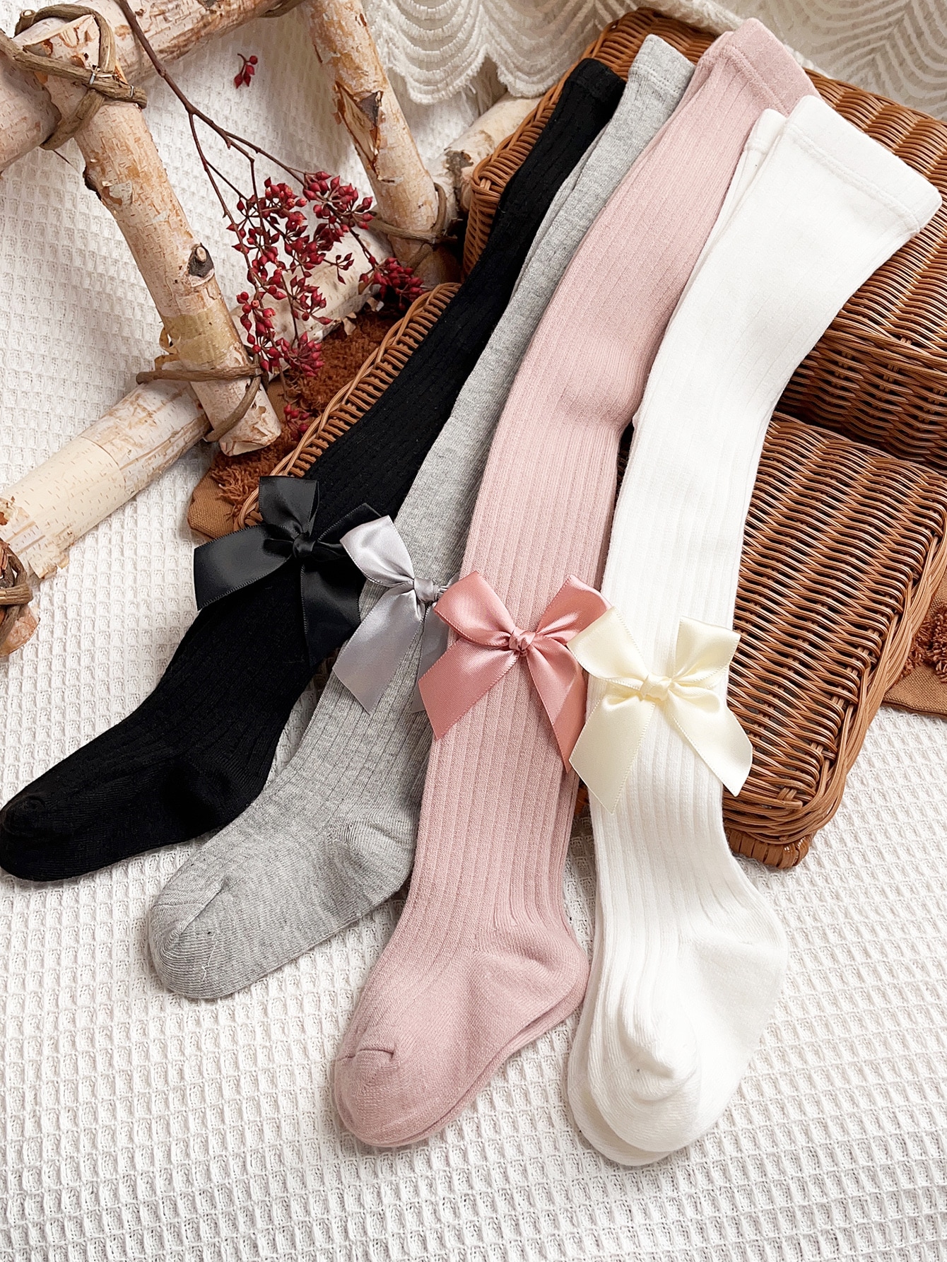 4 pares de meia-calça com decoração de laço para meninas pequenas