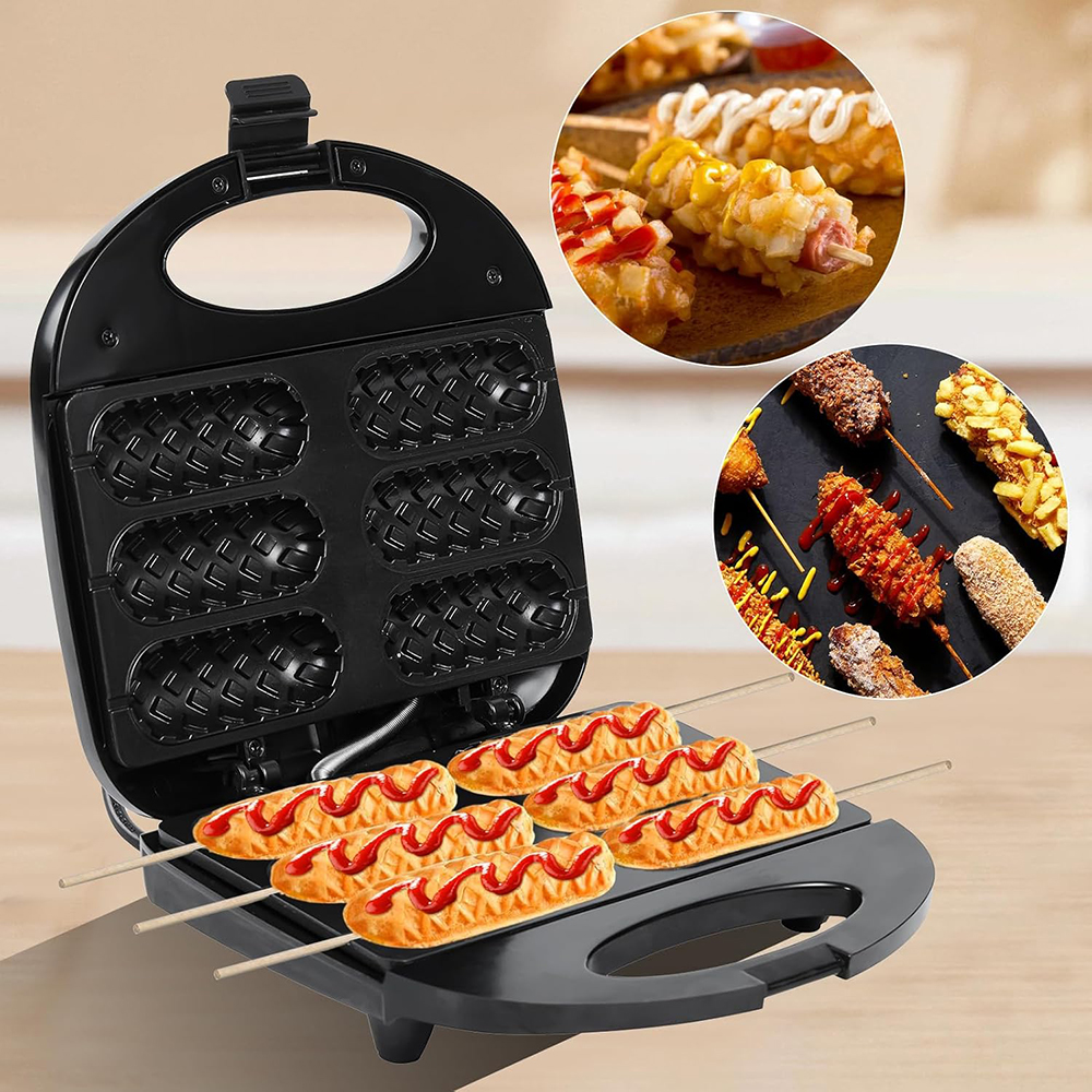 Máquina eléctrica para perros calientes, máquina para hacer gofres, 6 perros de maíz, antiadherente, calentamiento de doble cara, máquina para hacer rollos de salchichas, desayuno para fiesta infantil, 220V
