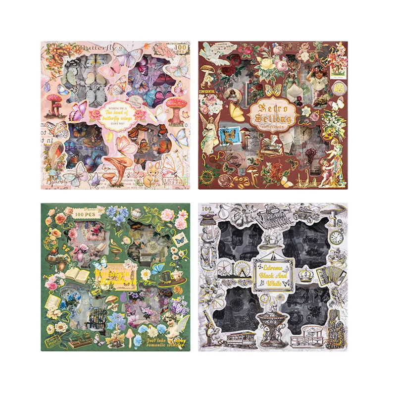 Journamm 100 ピース/パックヴィンテージ装飾ステッカーギフトボックスセット防水ペット DIY スクラップブッキングジャンクジャーナルアルバム美学文具