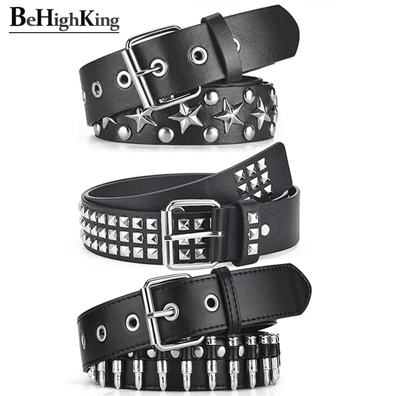 Cinturón con remaches de bala hueca para mujer, cinturón decorativo de cuero con tachuelas, regalo gótico Rock salvaje, cinturón negro Punk ajustable para mujer