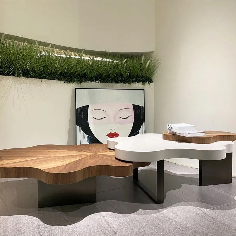 Mesa de centro contemporânea em forma de pétala, móveis para casa, base de metal com flor moderna, mesa de centro folheada de madeira, nova