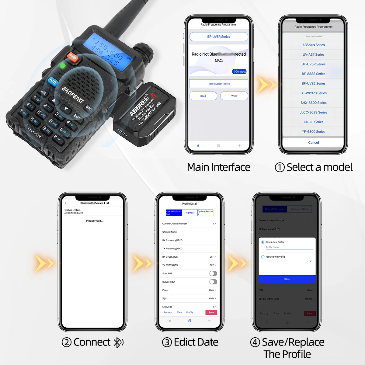 Abbree Bluetooth Wireless Programmierer für Walkie Talkie Plug & Play ohne Treiber Ausgabe Telefon App Programmierung für Baofeng UV5R BF888s