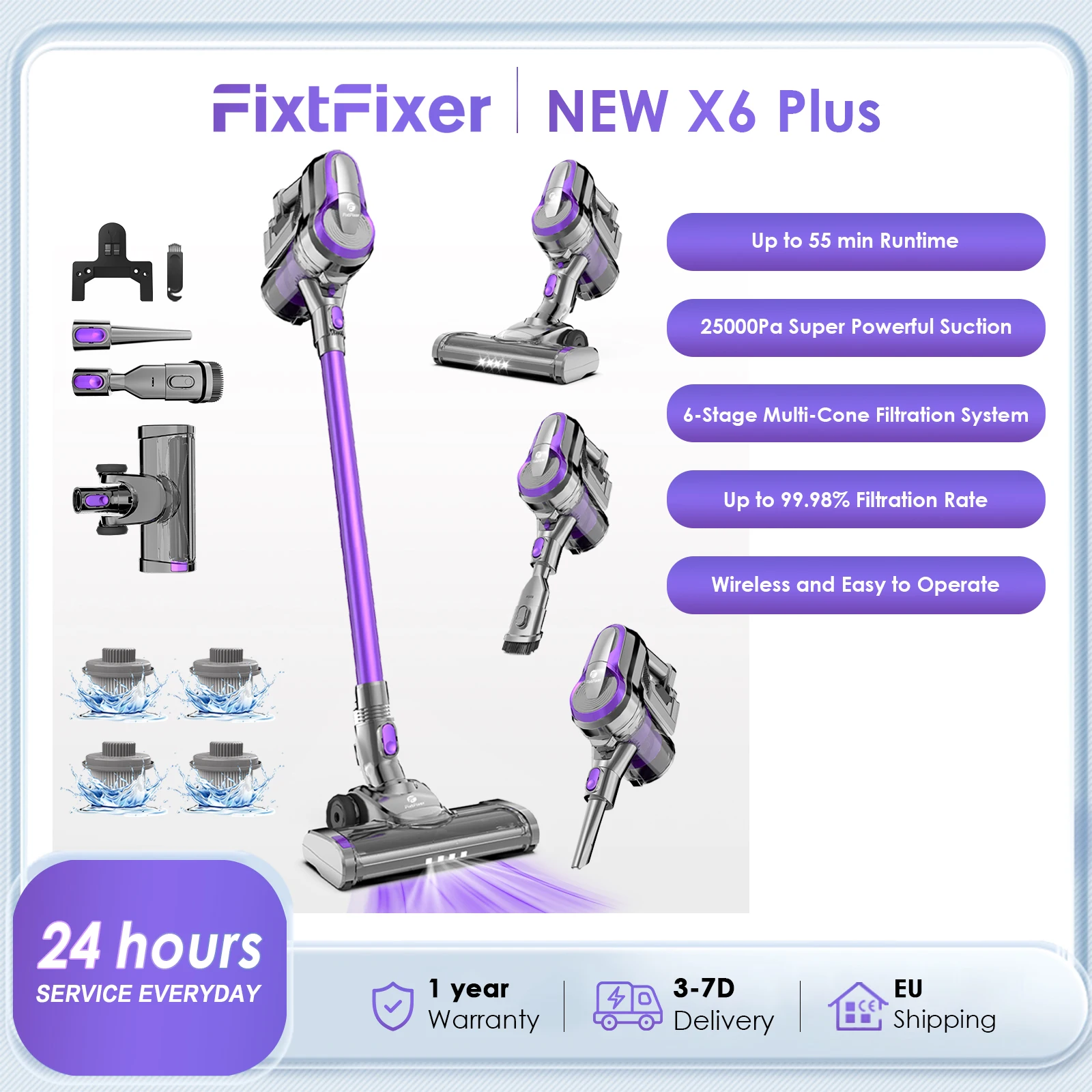FixtFixer X6 25000Pa 250W Akku-Staubsauger Handstaubsauger für Haushaltsgeräte, 55 Minuten, 1,1 l Staubbecher, abnehmbar B