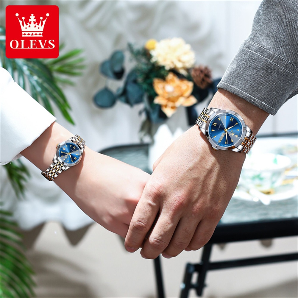 Olevs 9998 quartzo casal relógios original losango espelho à prova dwaterproof água vestido relógio de pulso luminoso data moda para homens