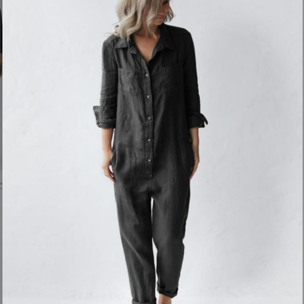 Mono de lino y algodón a la moda con bolsillos y manga larga para mujer, mono informal holgado de Color sólido, peleles militares para mujer