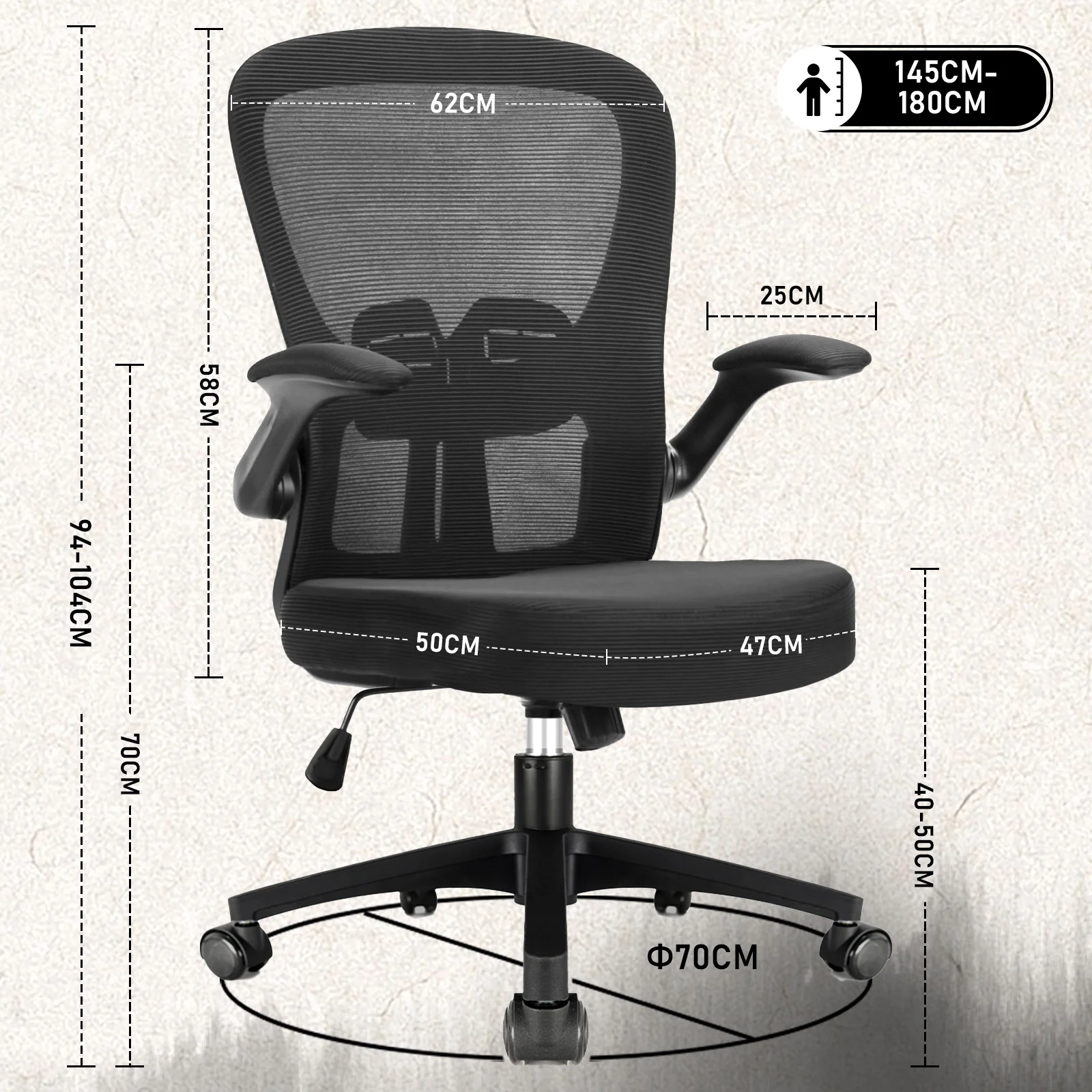 Durrafy Ergonomischer Bürostuhl, Schreibtischstuhl mit verstellbaren Armlehnen, Gaming-Stuhl, Netz-Bürostühle, Schwarz