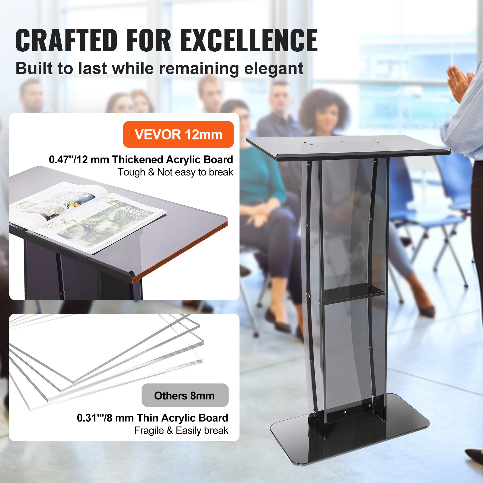 SucceBuy 47" Acrylic Podium Stand Floor-Standing Clear Pulpit Acrylic Desktop Lecterns w/ Storage Shelf for Church Office School