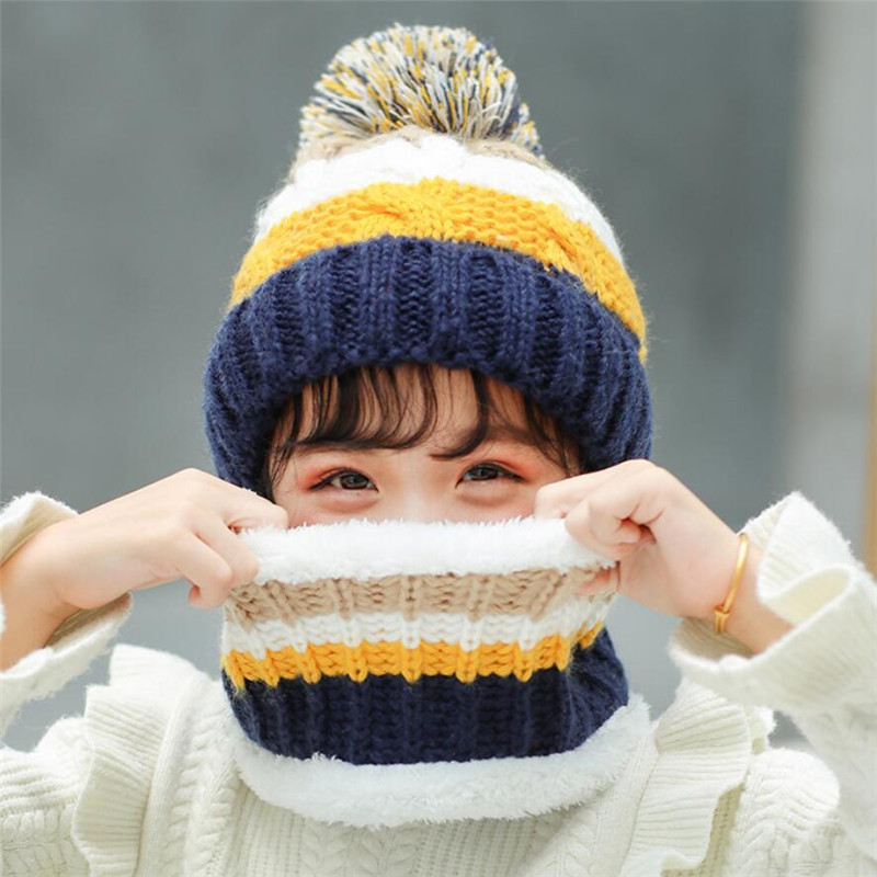 Große Kinder Winter stricken weiche Mütze und Schal Set Kind Plüsch warme Winter mütze Schals 2024 Mädchen Patchwork kreisförmige Schal Hut gefroren