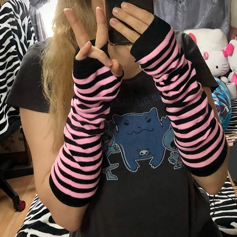 Guantes de codo a rayas para mujer, guantes largos tejidos más cálidos sin dedos, manoplas para codo, accesorios de regalo de Navidad