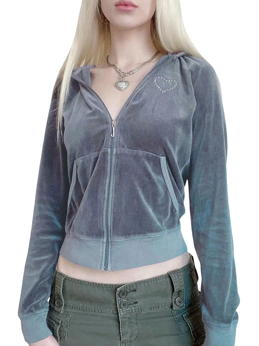 Women Velvet Zip Up Cropped Hoodies Solid Long Sleeve Hooded Jacket with Pocket Y2k Vintage Velour Sweatshirt for Teen Girls
