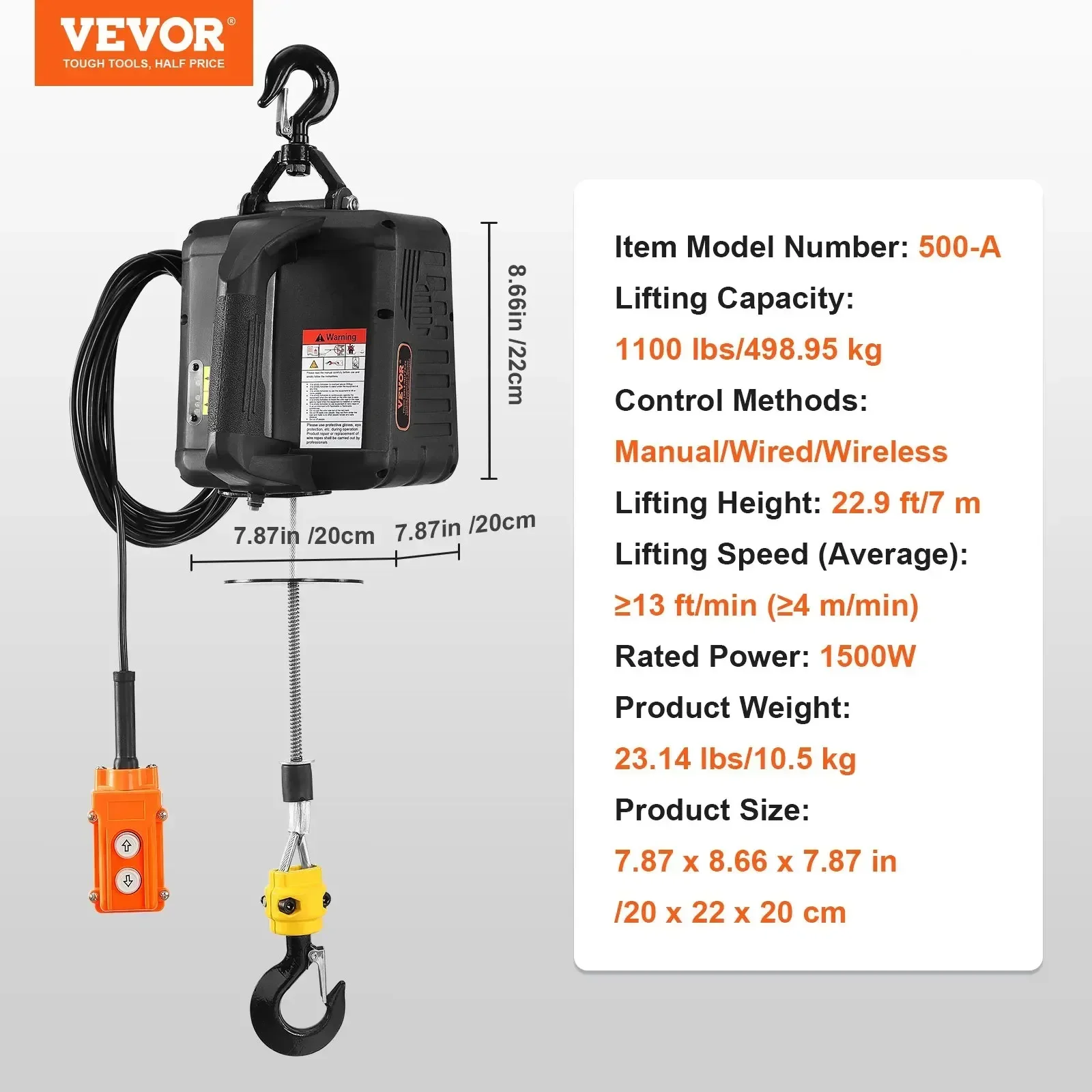 VEVOR 1100lbs1500W 3-in-1Electric Hoist Winch Portable Power Winch Crane with Wired/Wireless Remote Control for Overload Protect