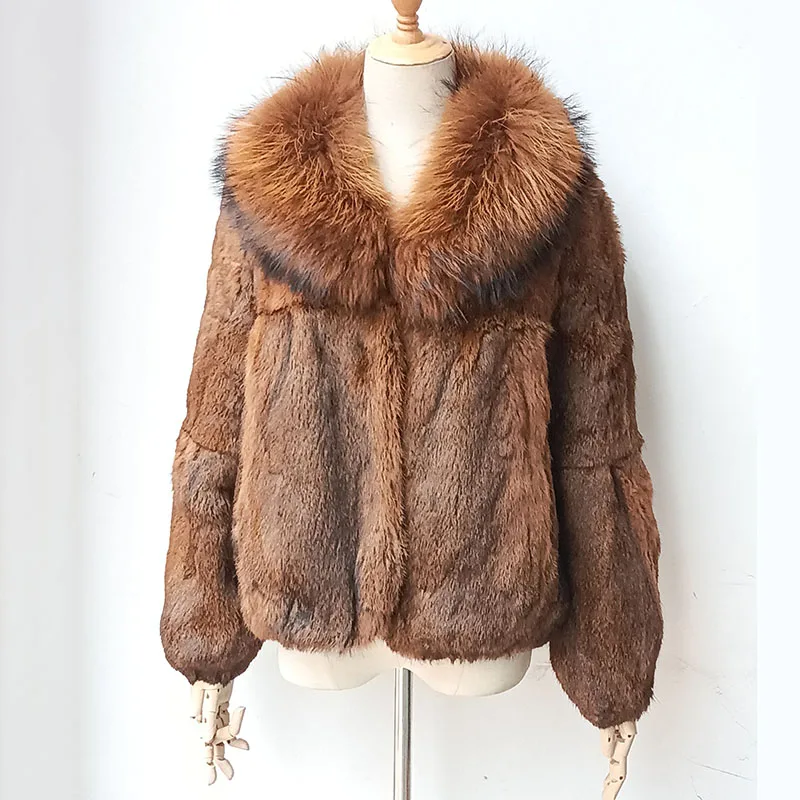 2023 Winter echte Kaninchen Pelzmantel mit Waschbär Pelz kragen Mode echte Pelz jacke Langarm warme echte Pelz Outwear
