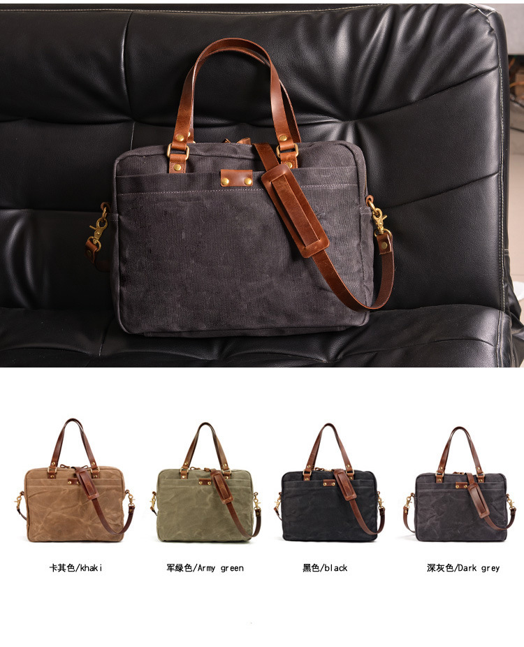 Bolsa masculina de lona de cera bolsa de couro maleta de negócios bolsa de arquivo de computador de 16 polegadas