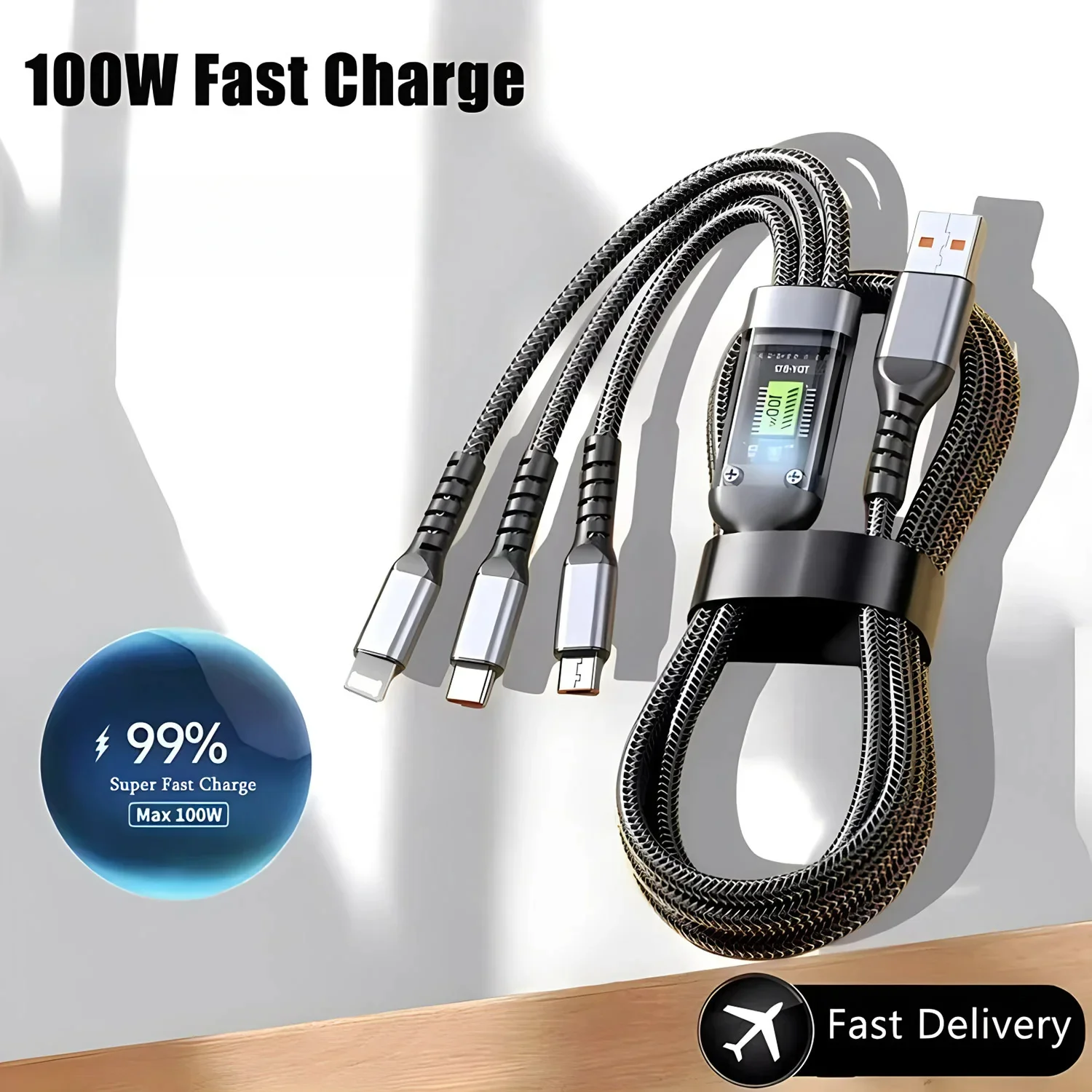 Cavo USB multiporta 3 in 1 da 100 W Cavo di ricarica rapido Accessori per iPhone Xiaomi Huawei Tipo C Cavo di ricarica Linea di cavi
