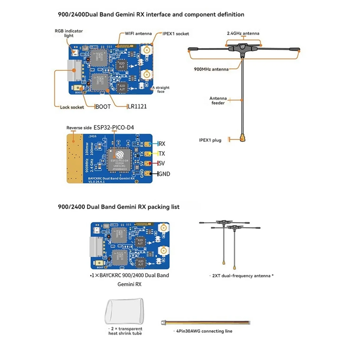900MHz 2.4GHz 915M ELRS Dual Band Gemini RX ExpressLRS Receiver TCXO for RC FPV Racing Long Range Drone 120mmx2