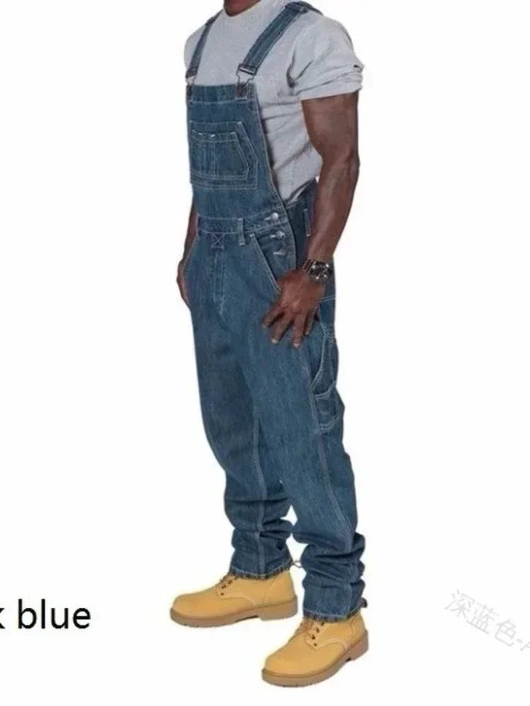 Monos vaqueros para hombre, mono con bolsillos, pantalones vaqueros largos sueltos informales, peleles rectos de otoño de talla grande, motociclista Punk de una pieza