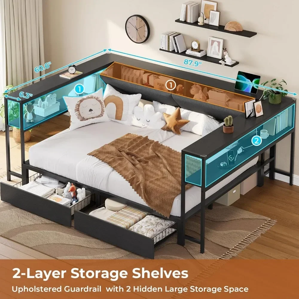 Corner Full Bed Frame with 2 Drawers and Hidden Storage Space Full Size Daybeds with Charging Station, Metal Platform Beds
