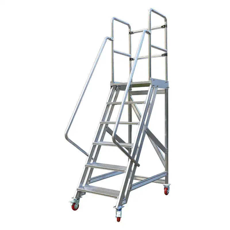 Plataforma móvil de aluminio Pasos Escalera Pasamanos Ruedas de cuatro ruedas Personalizable Almacén Seguridad Rodante Plataforma móvil OEM