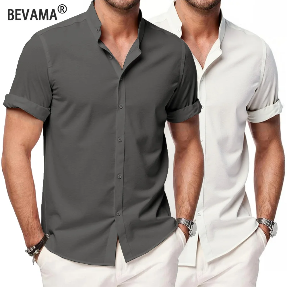 Camicie a maniche corte da uomo estive T-shirt con colletto rialzato tinta unita Camicia da spiaggia casual ampia Top in lino maschile traspirante