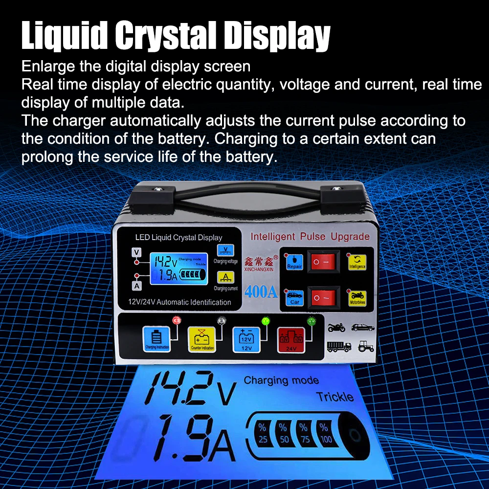 Voor Suv Vrachtwagen Boot Motorfiets Eu Plug Volautomatische 12V/24V 220W Auto Acculader Puls Reparatie High Power Lcd-Display