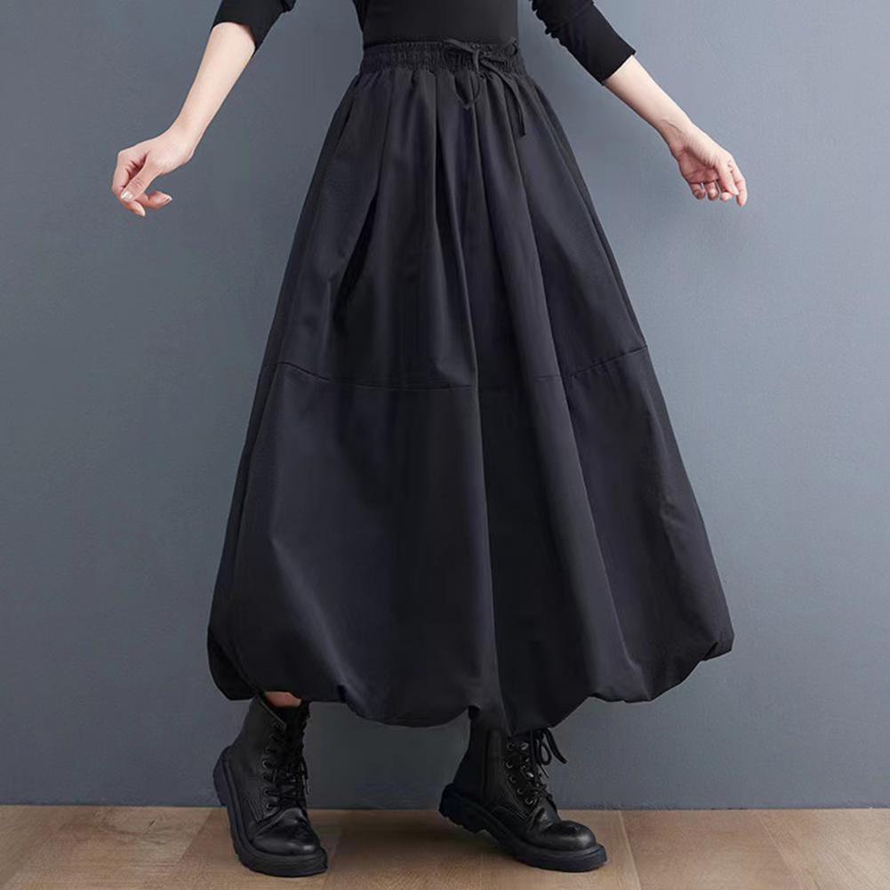 Vrouwen maxi rok zwarte Japanse stijl zakken bladerdeeg rokken dames casual elastische taille vetersluiting hoge taille geplooide a-lijn rok
