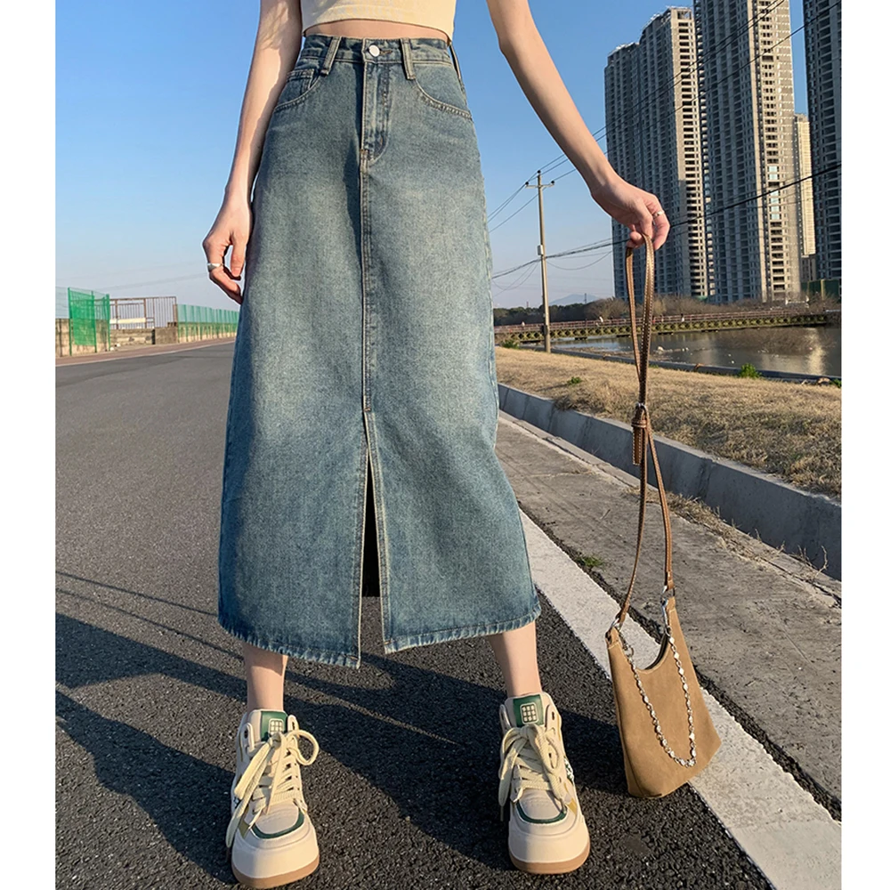 Falda de mezclilla azul lavada de cintura alta para mujer, falda Retro de línea A, bolsillos, abertura frontal, Falda vaquera larga recta, cubierta de cadera, Verano