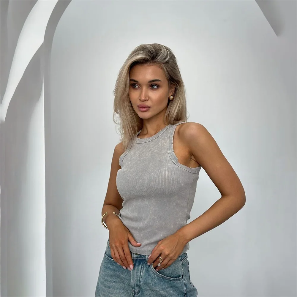 女性のためのユーズド加工穴レトロクロップトップ,セクシーなノースリーブタンクトップ,ベーシックなリブ編みのニットベスト,婦人服y2k
