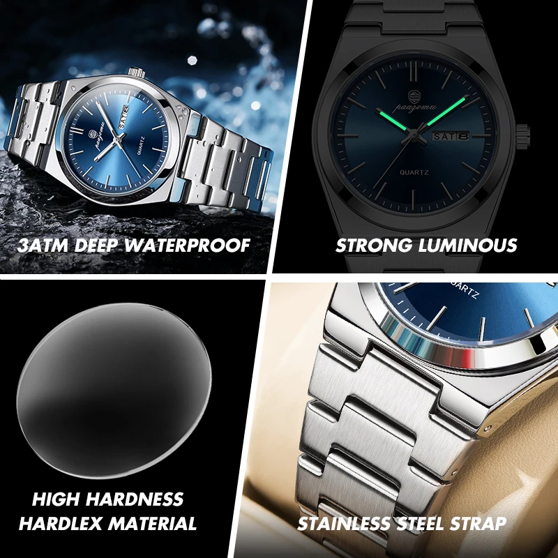 PENGAGAR Luxus Sport Quarz Mann Armbanduhr Wasserdicht Leucht Datum Woche Männer Uhren Edelstahl herren Uhr Männlich Reloj + box