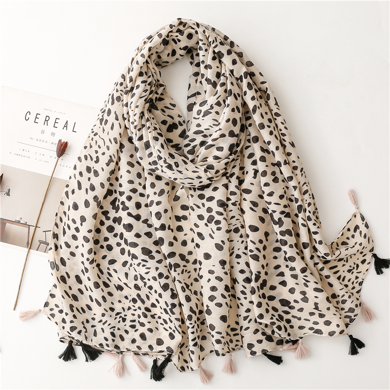 Bufanda de algodón y lino suave para mujer, chales de lujo, Foulard Premium para mujer, bufandas largas con estampado de leopardo y borlas, Echarpe