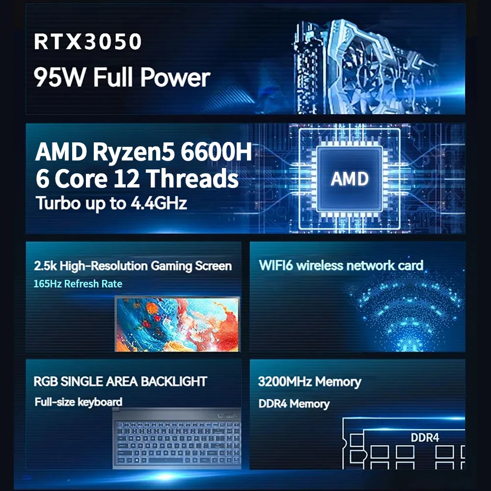 FIREBAT T5A 15,6 Zoll AMD R5 6600H Geforce RTX 3050 DDR4 M.2 16G RAM 512G SSD 165Hz 2K Wifi6 BT5.1 Gaming Notebook Laptop