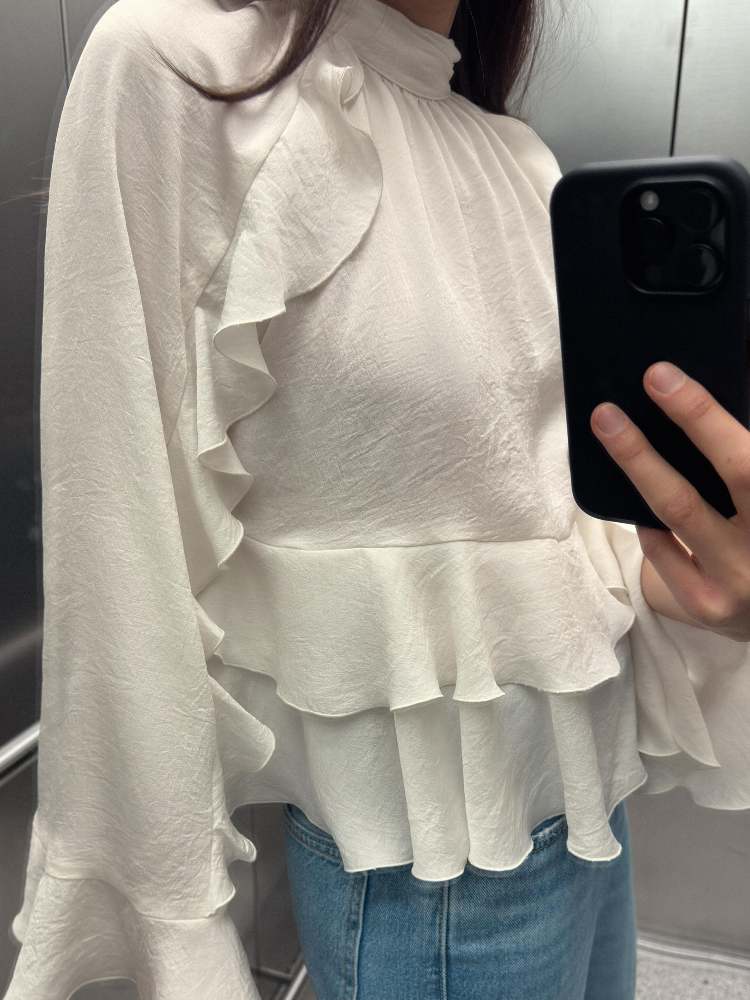 ファッション気質女性フリルエッジブラウスシックなスタンドアップカラー長袖シャツトップ 2025 春の新作女性ショートトップス