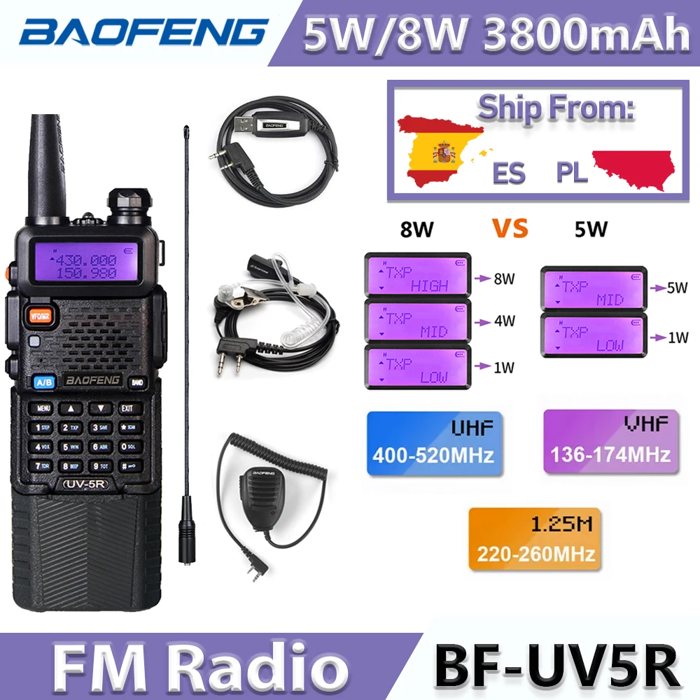 Baofeng UV5R 3800 mAh 5 W/8 W Walkie Talkie 136–174 und 400–480 MHz tragbares Amateur-FM-Radio Dualband-Transceiver Zwei-Wege-Radio