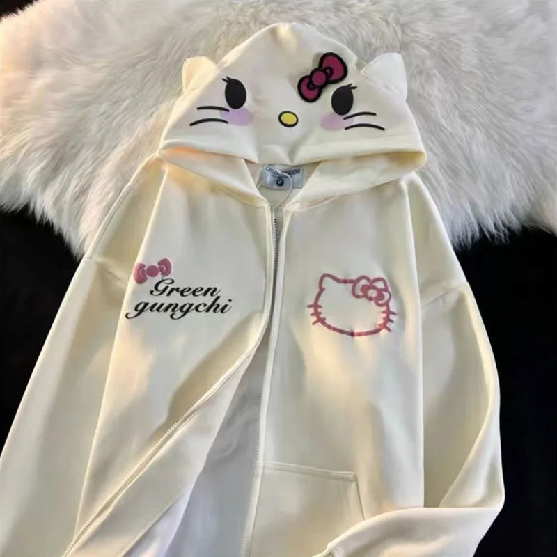 Sanrio เสื้อโค้ทคาร์ดิแกนลาย Hello Kitty, เสื้อโค้ทคาร์ดิแกนมีฮู้ดทรงหลวมนักเรียนโอเวอร์ไซส์แบบกอธิคมีซิปมีฮู้ดสำหรับผู้หญิงเสื้อสเวตเตอร์ Y2k