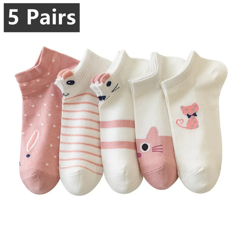 5 pares de calcetines para mujer Kitty Crew calcetines cortos calcetines con estampado creativo calcetines tobilleros lindos de gatito de dibujos animados