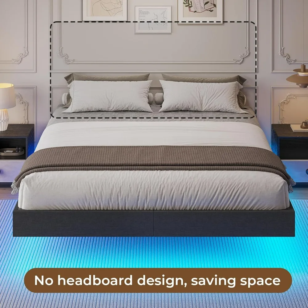Floating Bed Frame Full Size, LED Bed Frame Linen Upholstered Platform Bed with Underbed Storage,Heavy Steel Slats Support,Bed