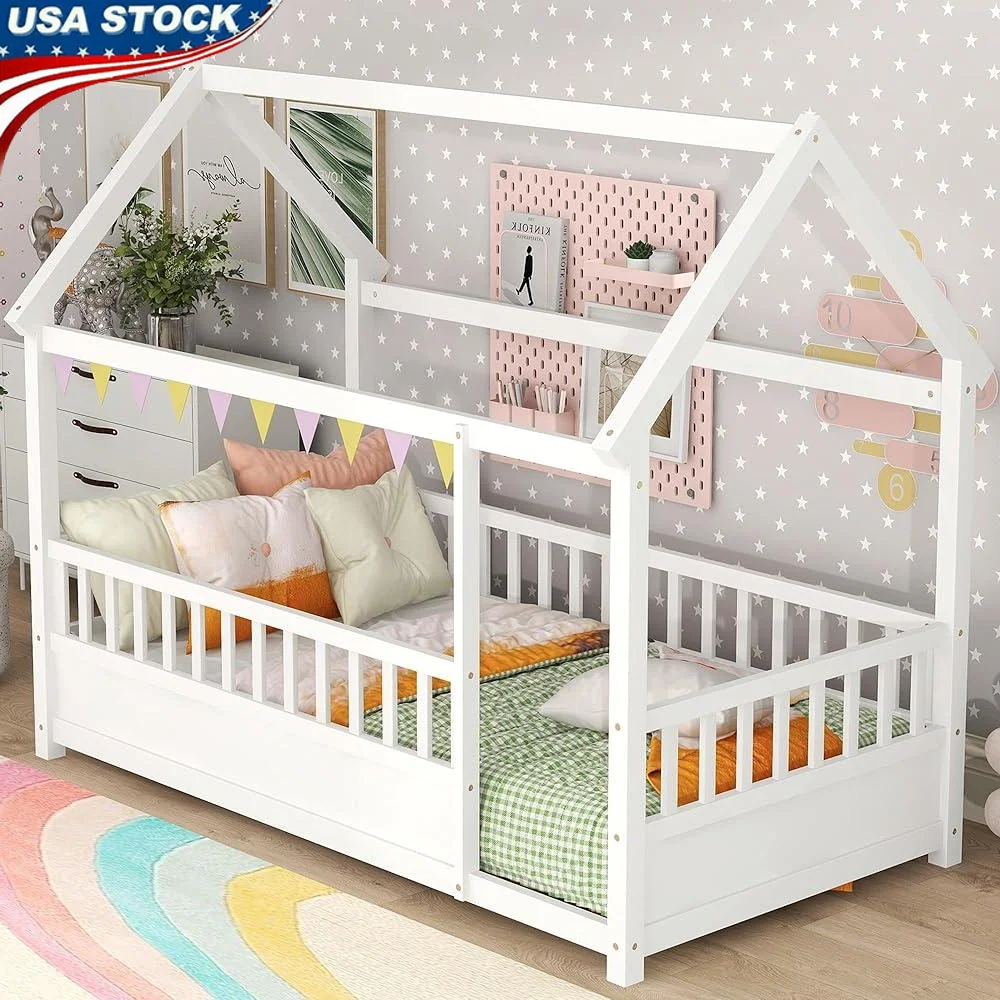 Kids Twin Montessori Floor Bed House Design with High Fence Sturdy Wood Frame Safe Sleeping Space Creative DIY Playhouse