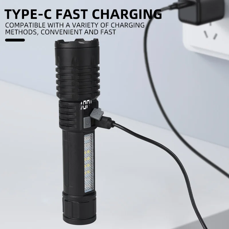 High Strong Power LED ไฟฉายยุทธวิธีสปอตไลท์ฉุกเฉิน Telescopic Zoom แบตเตอรี่ในตัว USB ชาร์จ Camping ไฟฉาย