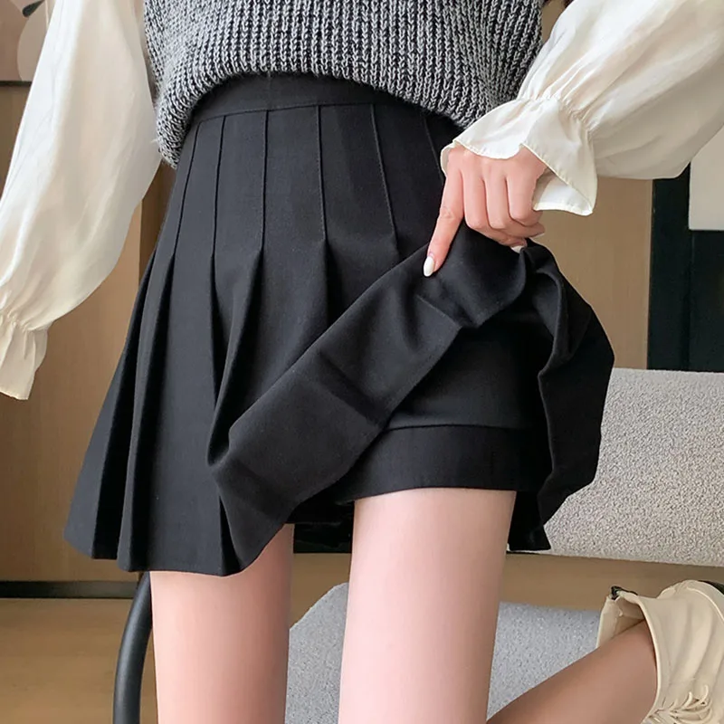 ฤดูใบไม้ร่วงฤดูหนาวกระโปรงจีบผู้หญิงใหม่เกาหลีสูงเอวSlimmingกระโปรงมินิกระโปรงสุภาพสตรีPreppyสไตล์ซิปด้านข้างA-Lineกระโปรง