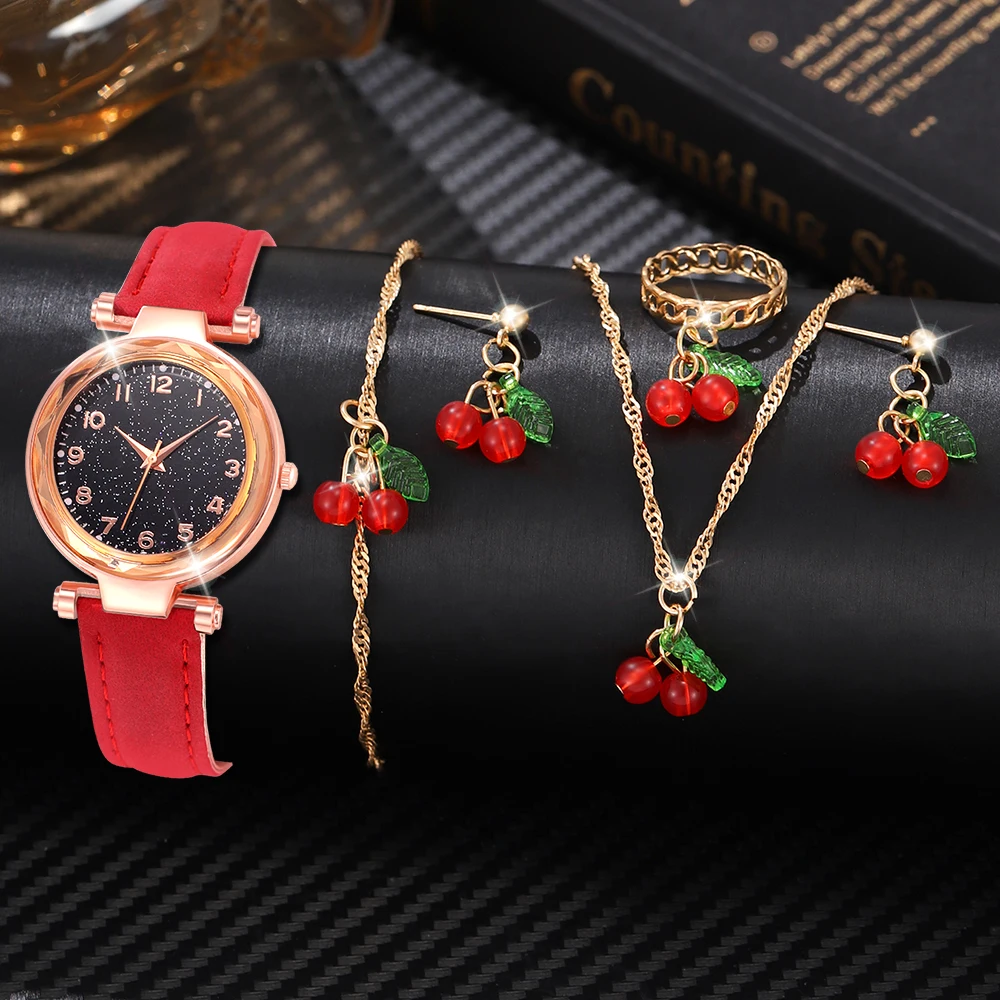 6 pçs/set relógio feminino vermelho com elementos minimalistas dial relógio de quartzo pulseira de látex elementos cereja conjunto de jóias presente da menina