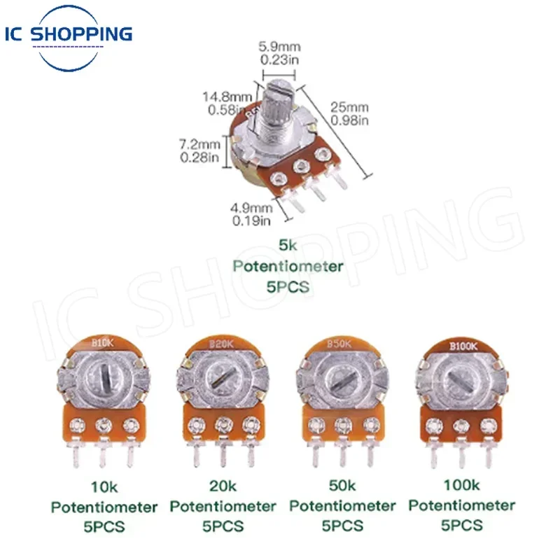 50PCS WH148 Single Linked Potentiometer 500R B501 B1K 2K 5K 10K 20K 50K 100K 500K 1M Handle Length 15mm Adjustable Resistance