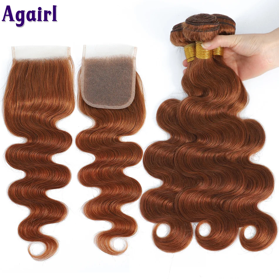 Ginger Brown Body Wave Pacotes de cabelo humano com fechamento, Remy Hair Weave Bundle com Frontal, 28 em, 30 em, 100%