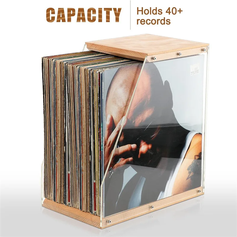 Scaffale per dischi in legno Ornamento da tavolo Espositore per dischi in vinile trasparente Scatola portaoggetti per libri con nastro Organizzatore in legno massello