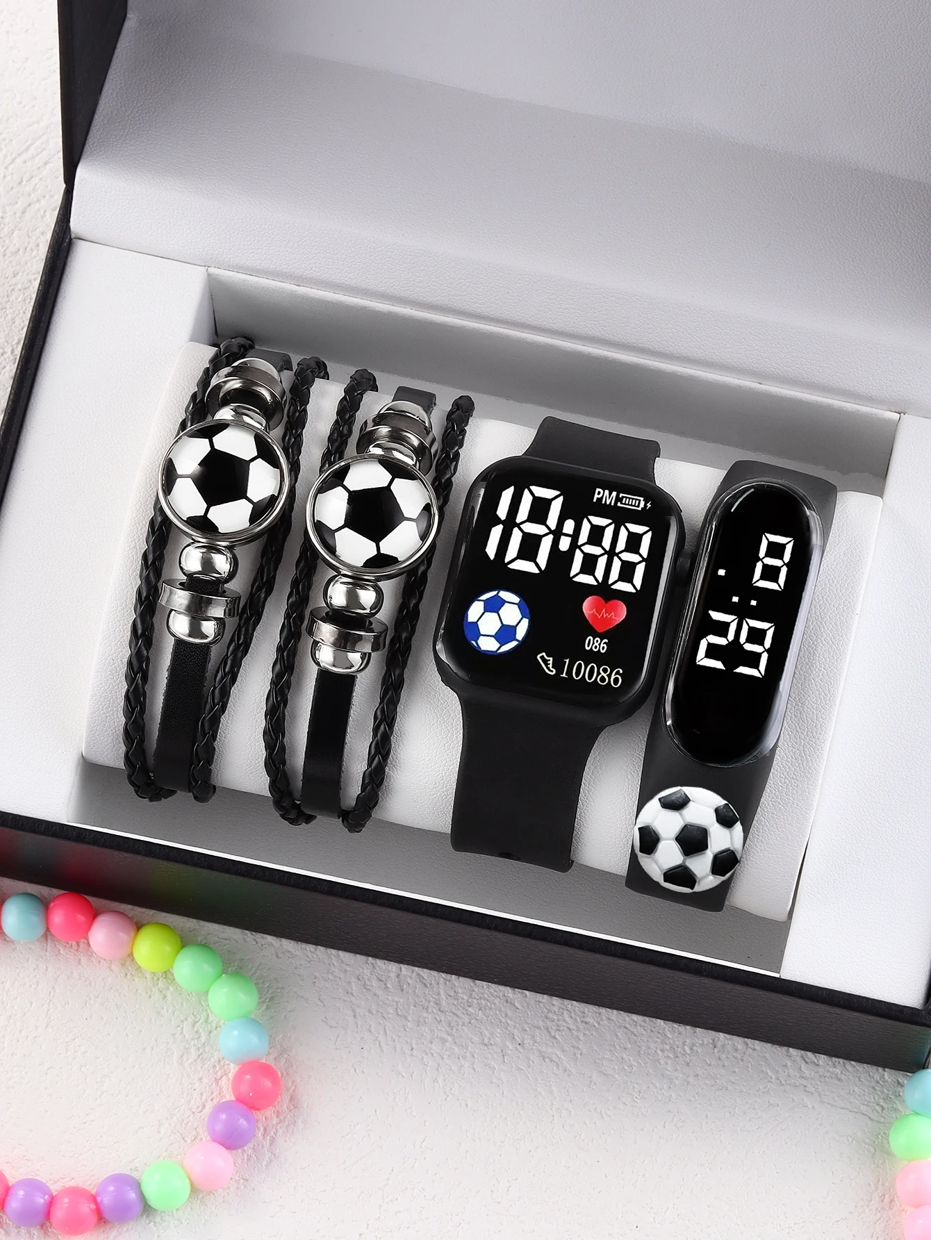 Sporty rekreacyjne Wiatrowy prostokątny owalny silikonowy zegarek elektroniczny ze skórzaną bransoletką piłkarską Zestaw Euro Football prezent